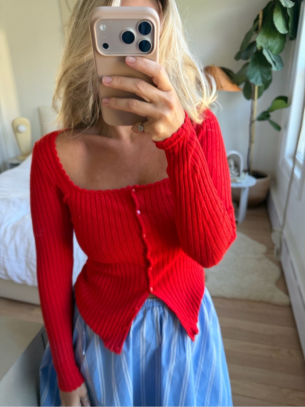 Sezane  Red Knit Cotton Cardigan Size Small
